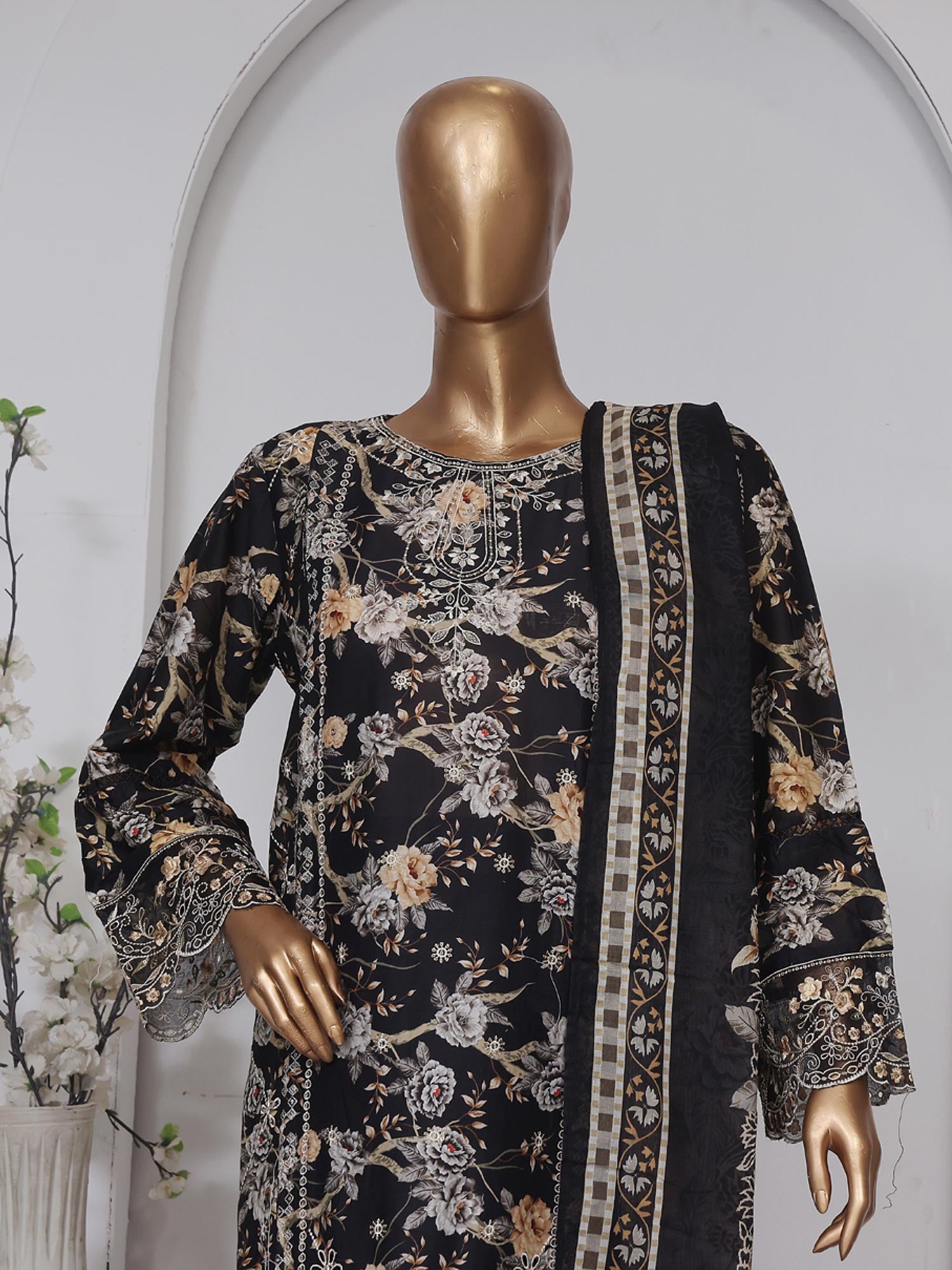 Bin Saeed Embroidered Premium Lawn 3-Piece Suit - Black