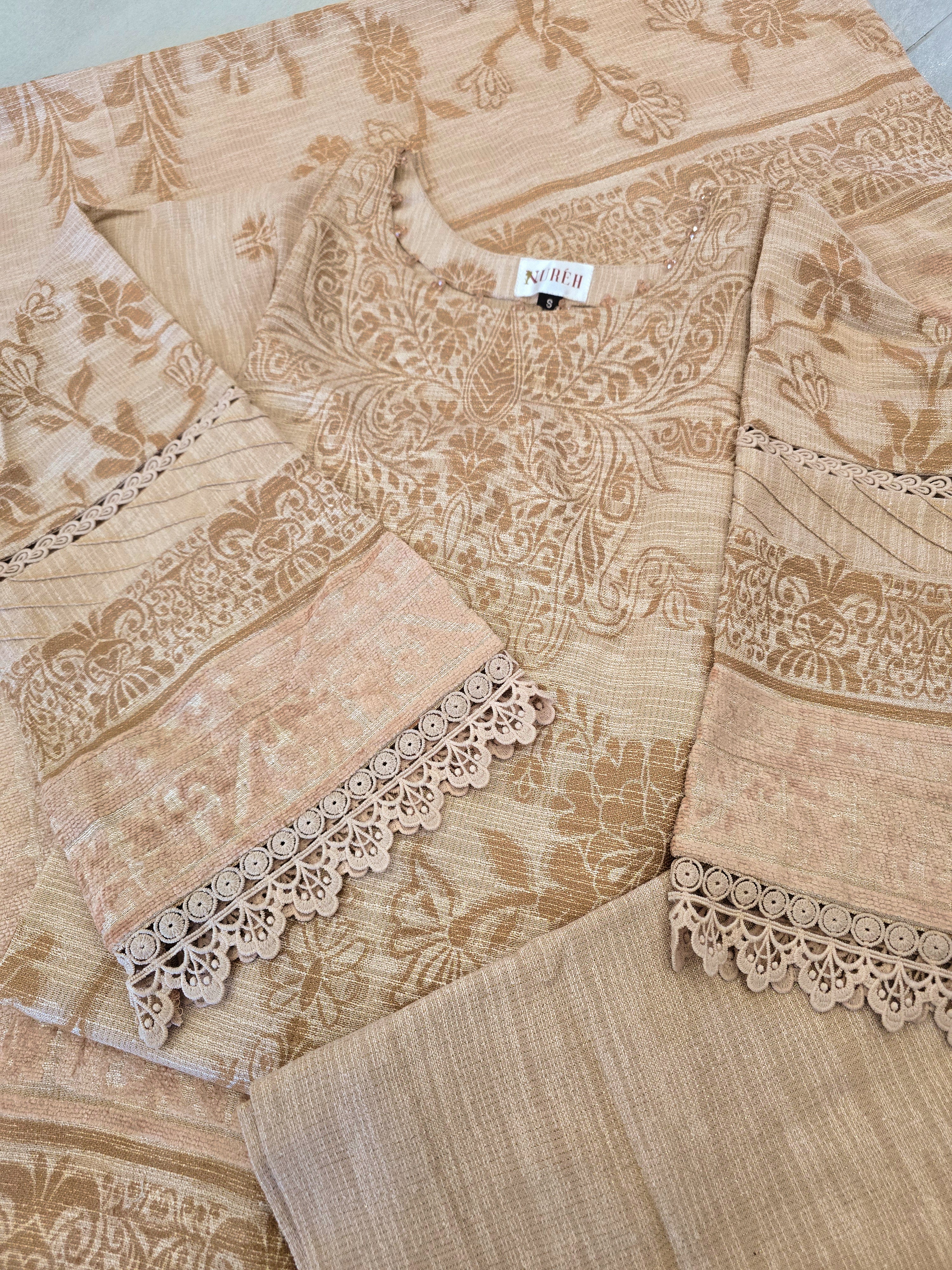 Nureh Winter Leather-Peach Super Jacquard Velvet - Beige