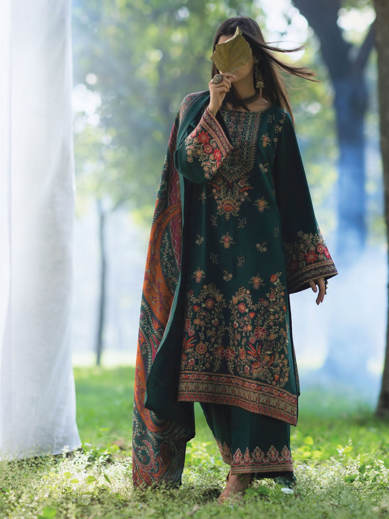 Casual Lite Winter Dhanak Suit with Pashmina Shawl - Green