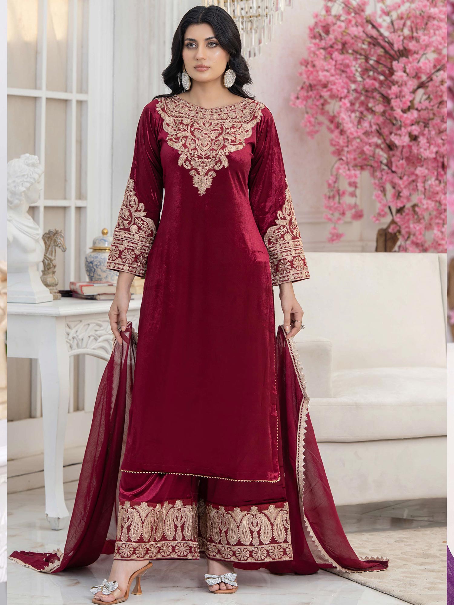 Rangz "Filhaal" Velvet Embroidered 3-Piece Suit - Red