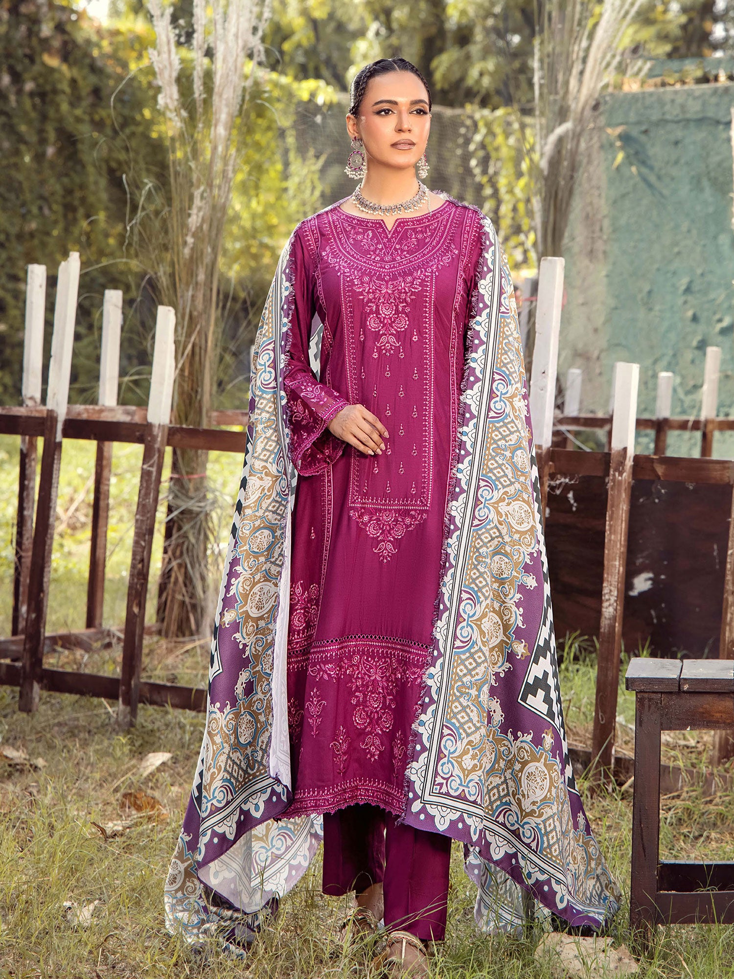 Adan's Libas Embroidered Linen Suit with Wool Shawl - Pink