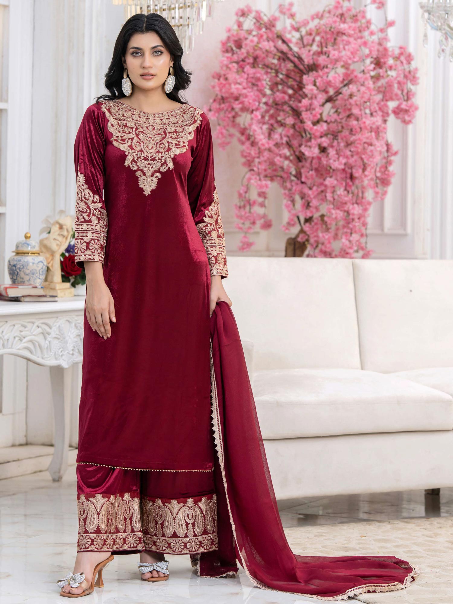 Rangz "Filhaal" Velvet Embroidered 3-Piece Suit - Red