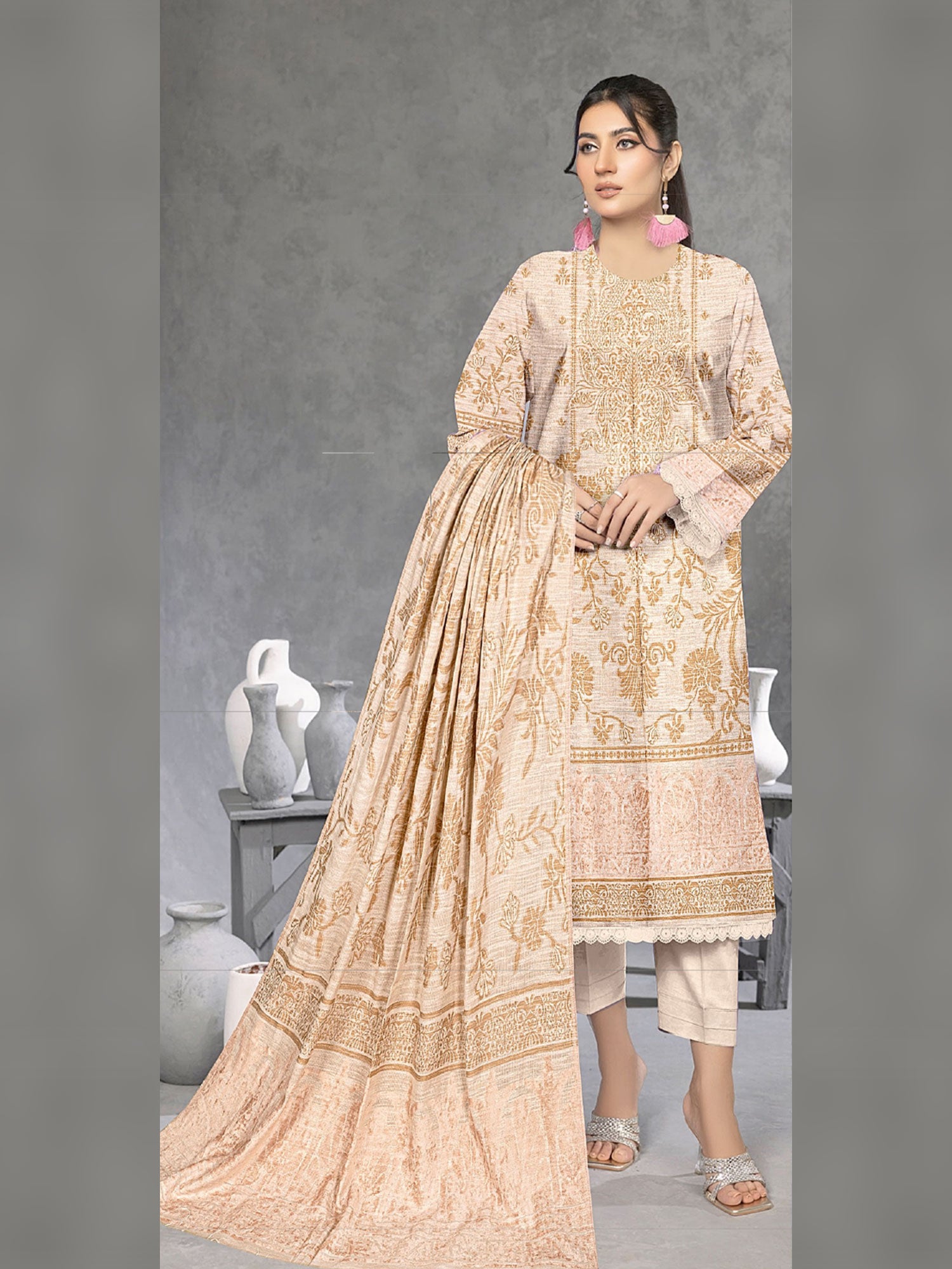 Nureh Winter Leather-Peach Super Jacquard Velvet - Cream