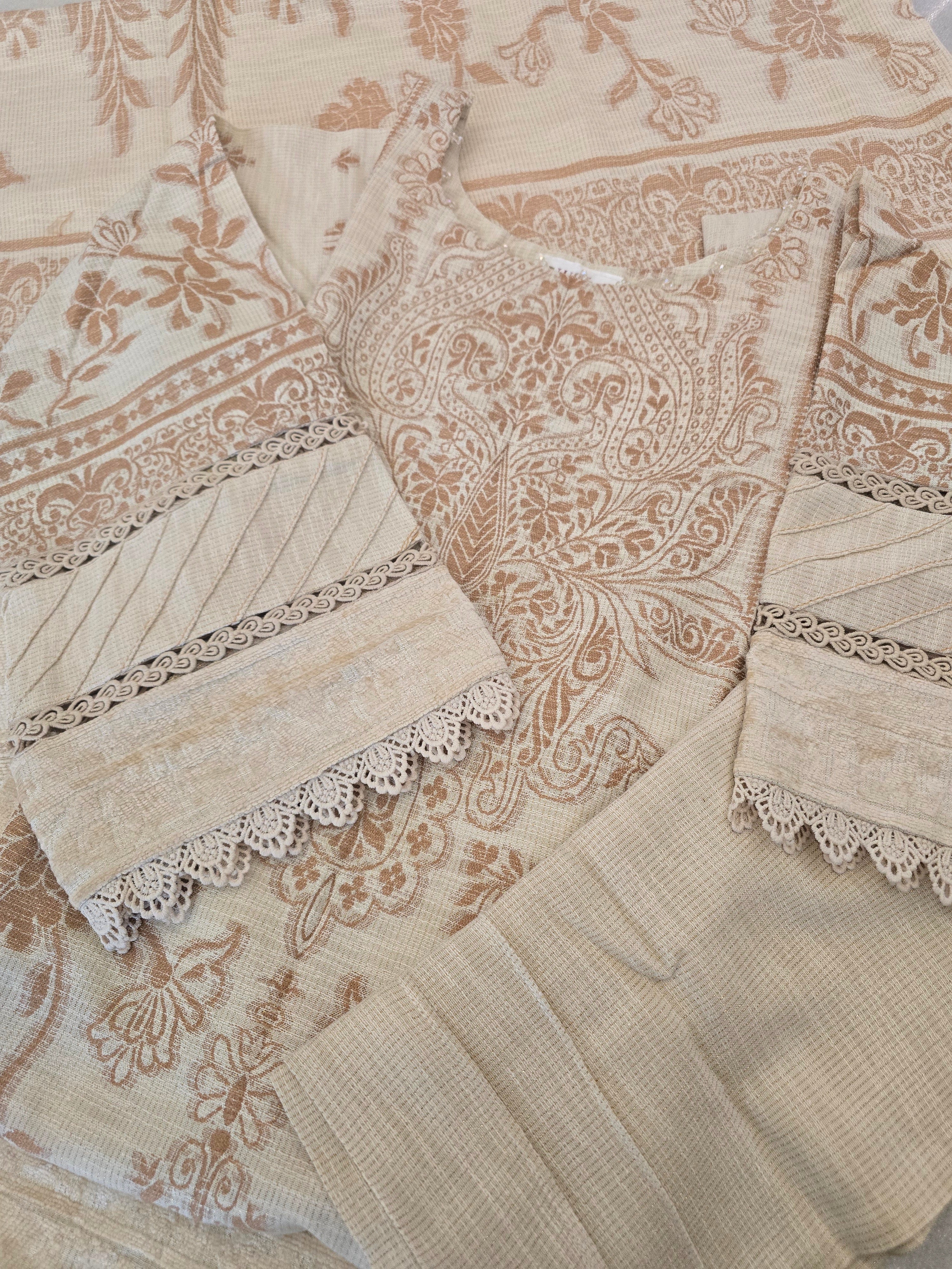 Nureh Winter Leather-Peach Super Jacquard Velvet - Cream