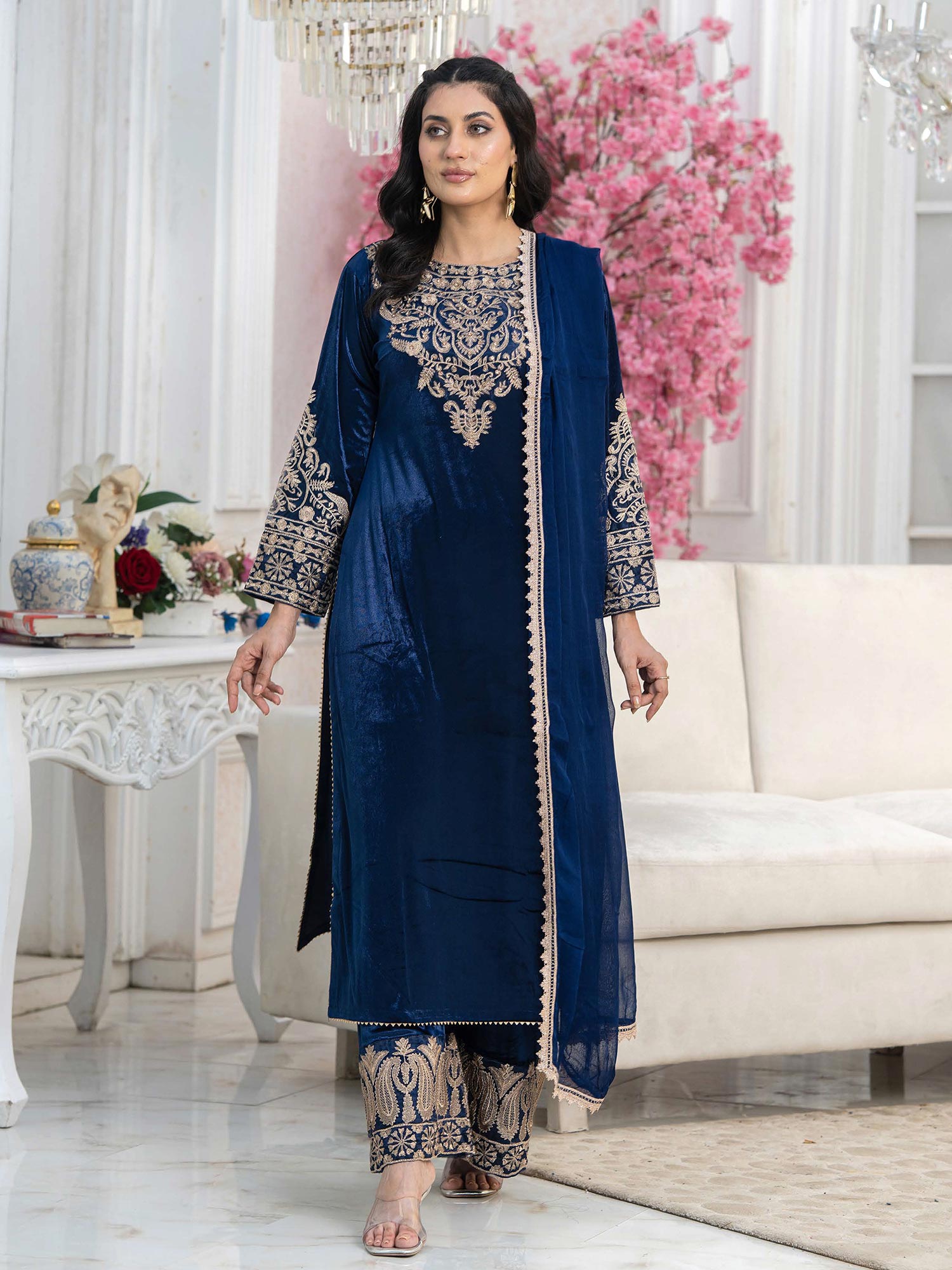 Rangz "Filhaal" Velvet Embroidered 3-Piece Suit - Blue