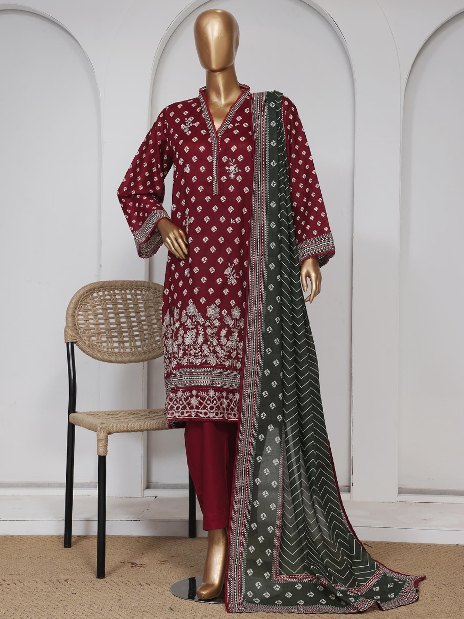 Bin Saeed Embroidered Premium Lawn 3-Piece Suit - Dark Red