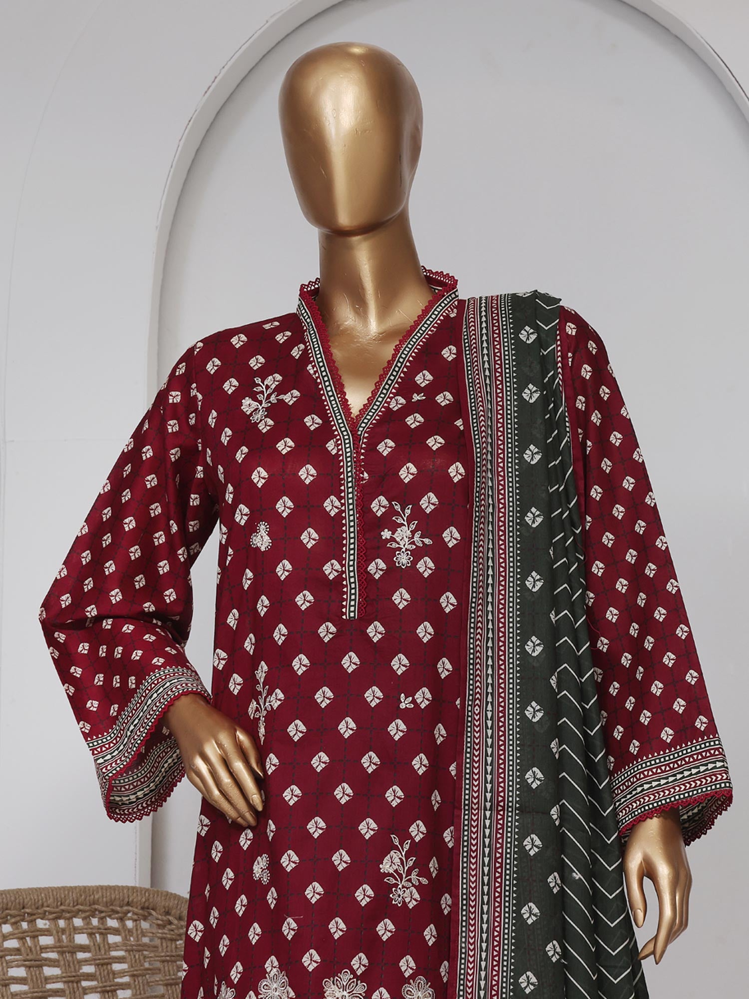 Bin Saeed Embroidered Premium Lawn 3-Piece Suit - Dark Red