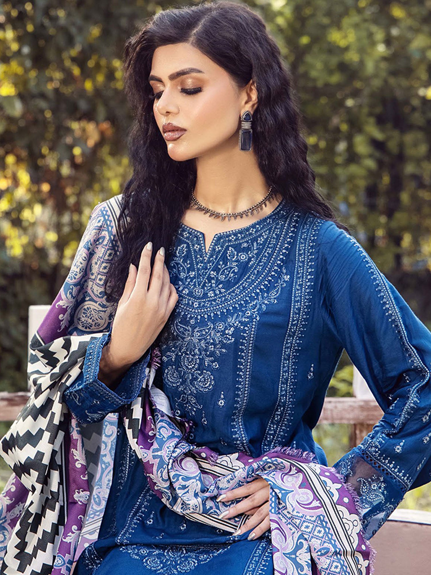 Adan's Libas Embroidered Linen Suit with Wool Shawl - Blue