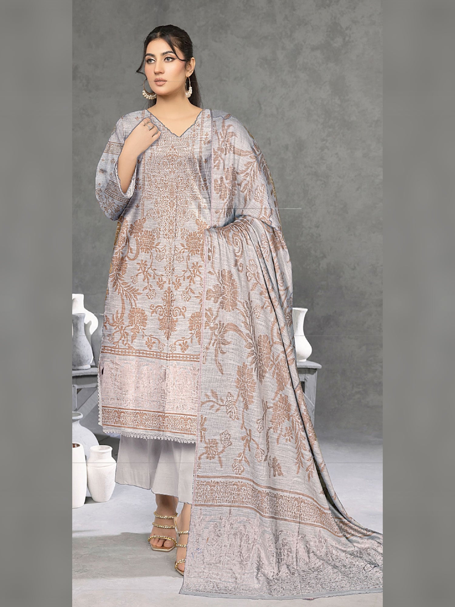 Nureh Winter Leather-Peach Super Jacquard Velvet - Grey