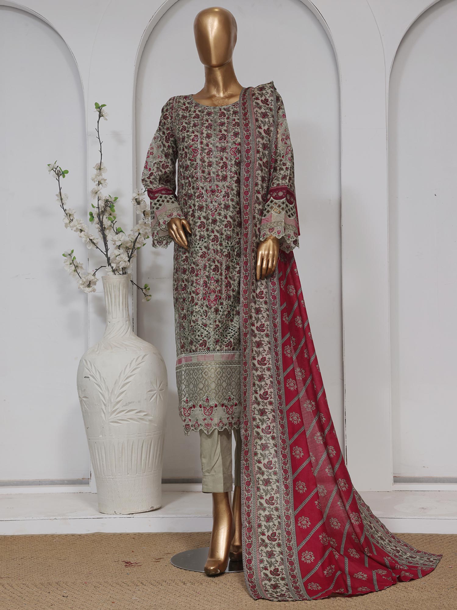 Bin Saeed Embroidered Premium Lawn 3-Piece Suit - Green-Grey