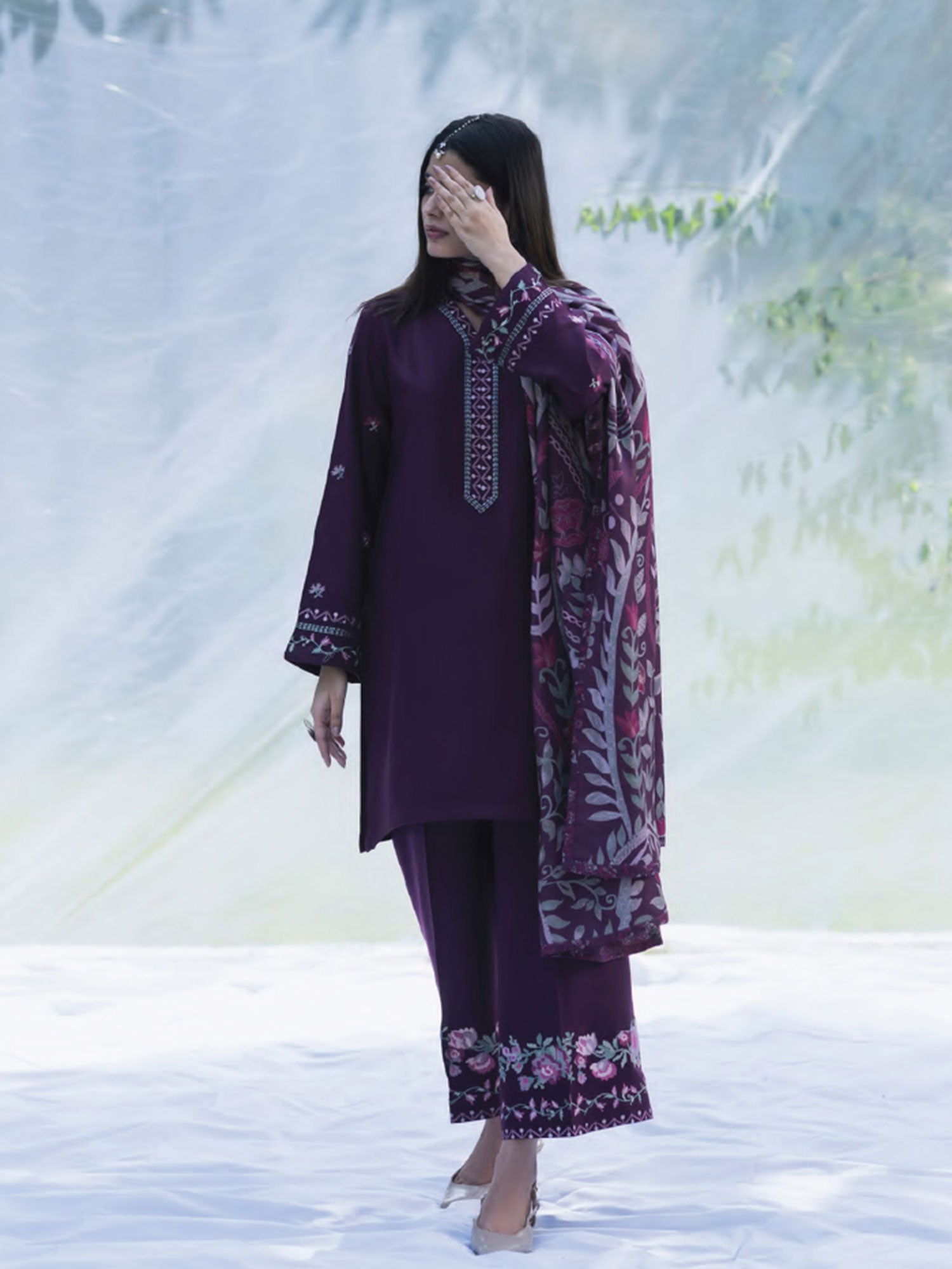 Casual Lite Winter Dhanak Suit with Pashmina Shawl - Purple