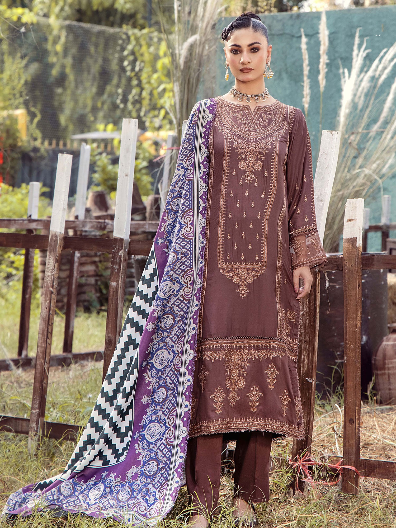 Adan's Libas Embroidered Linen Suit with Wool Shawl - Brown