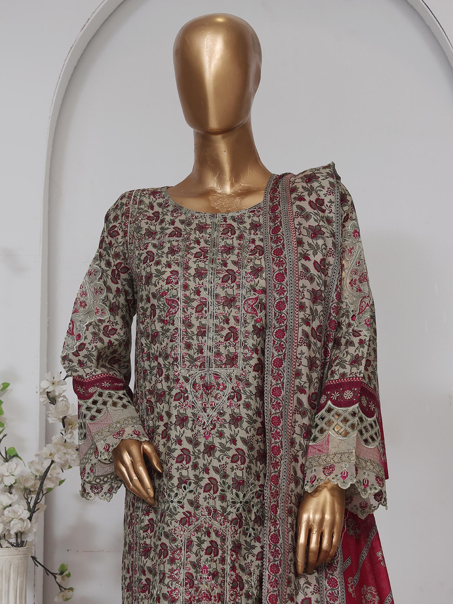 Bin Saeed Embroidered Premium Lawn 3-Piece Suit - Green-Grey