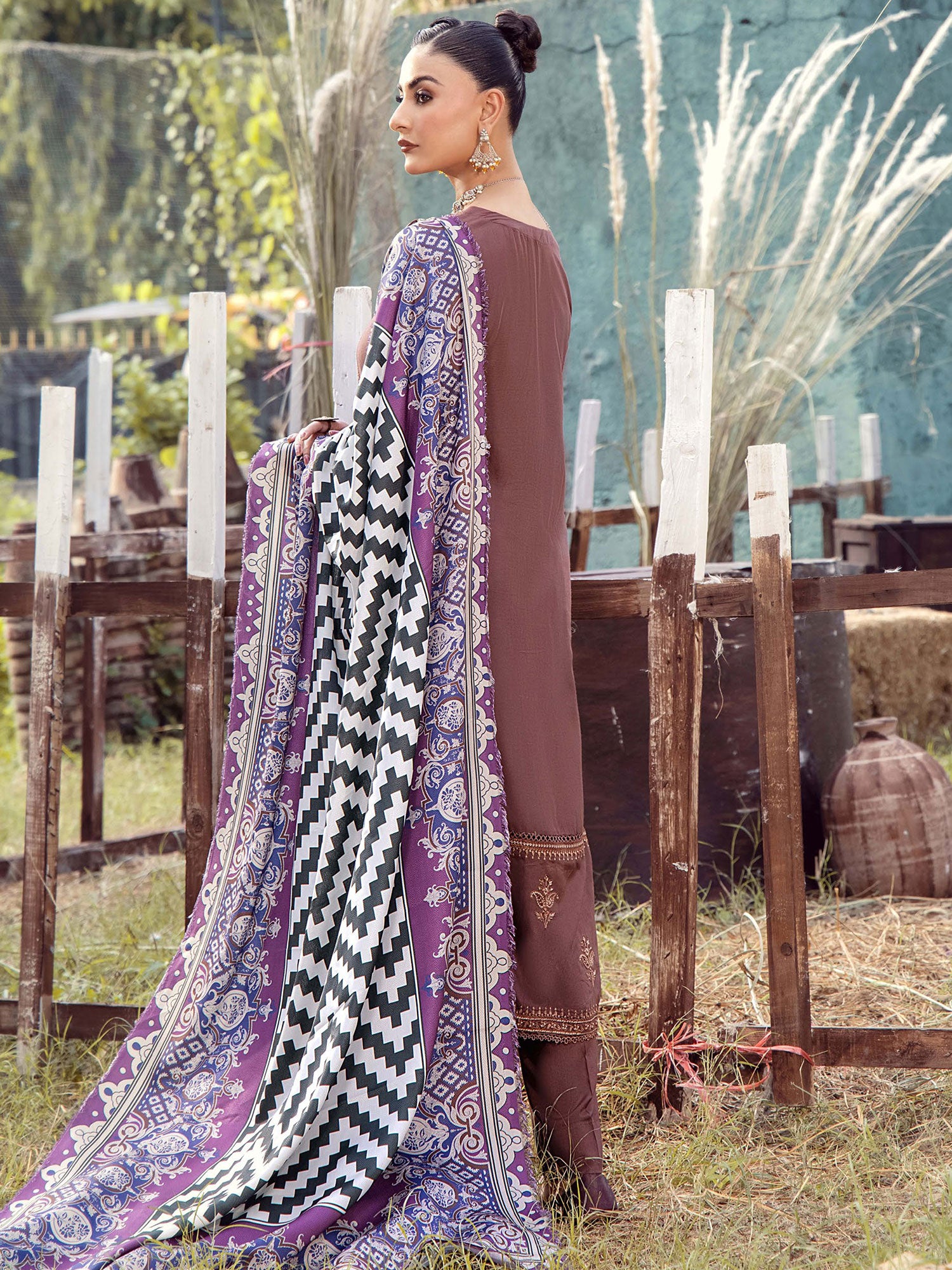 Adan's Libas Embroidered Linen Suit with Wool Shawl - Brown