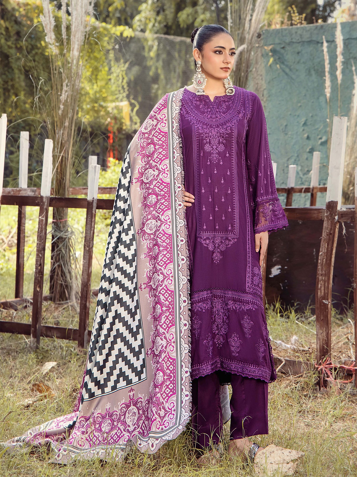 Adan's Libas Embroidered Linen Suit with Wool Shawl - Magenta