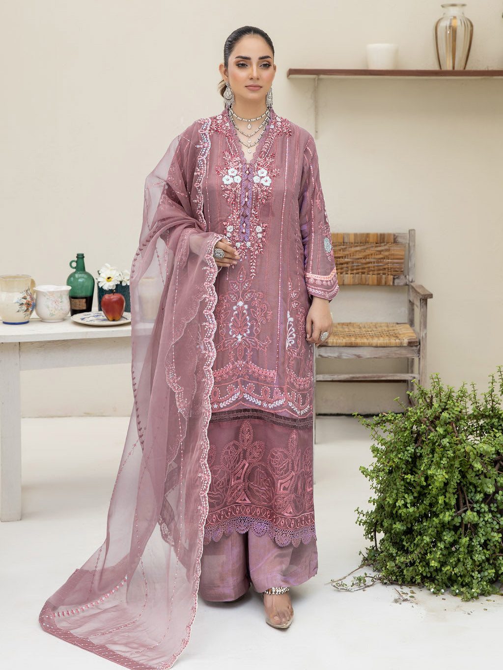Dusky Pink Embroidered Chiffon 3-Piece Suit