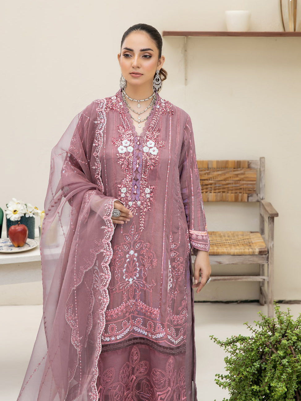 Dusky Pink Embroidered Chiffon 3-Piece Suit