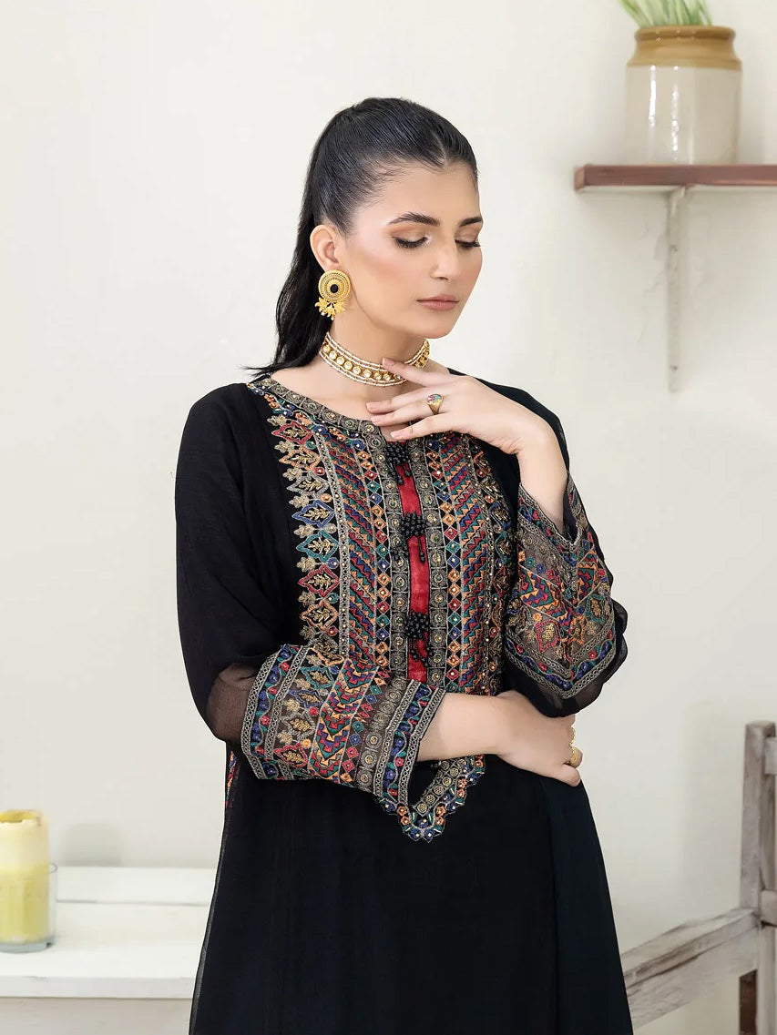 Black Luxury Embroidered Chiffon 3pc Suit