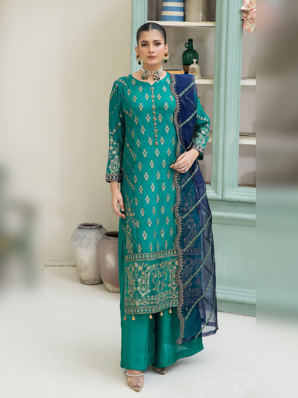 Sea Green Luxury Embroidered Chiffon 3-Piece Suit