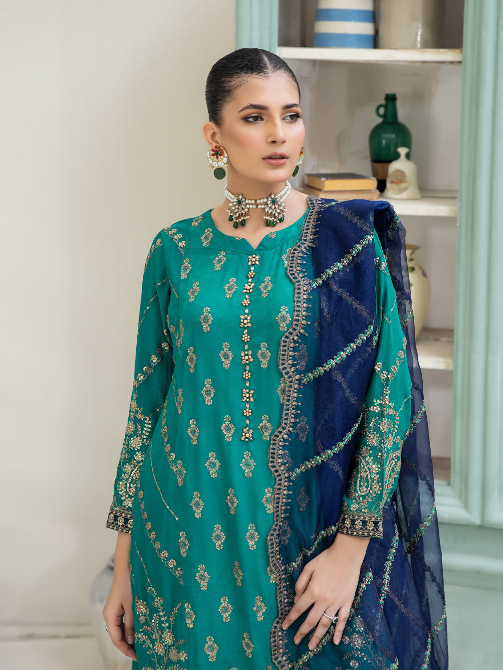 Sea Green Luxury Embroidered Chiffon 3-Piece Suit