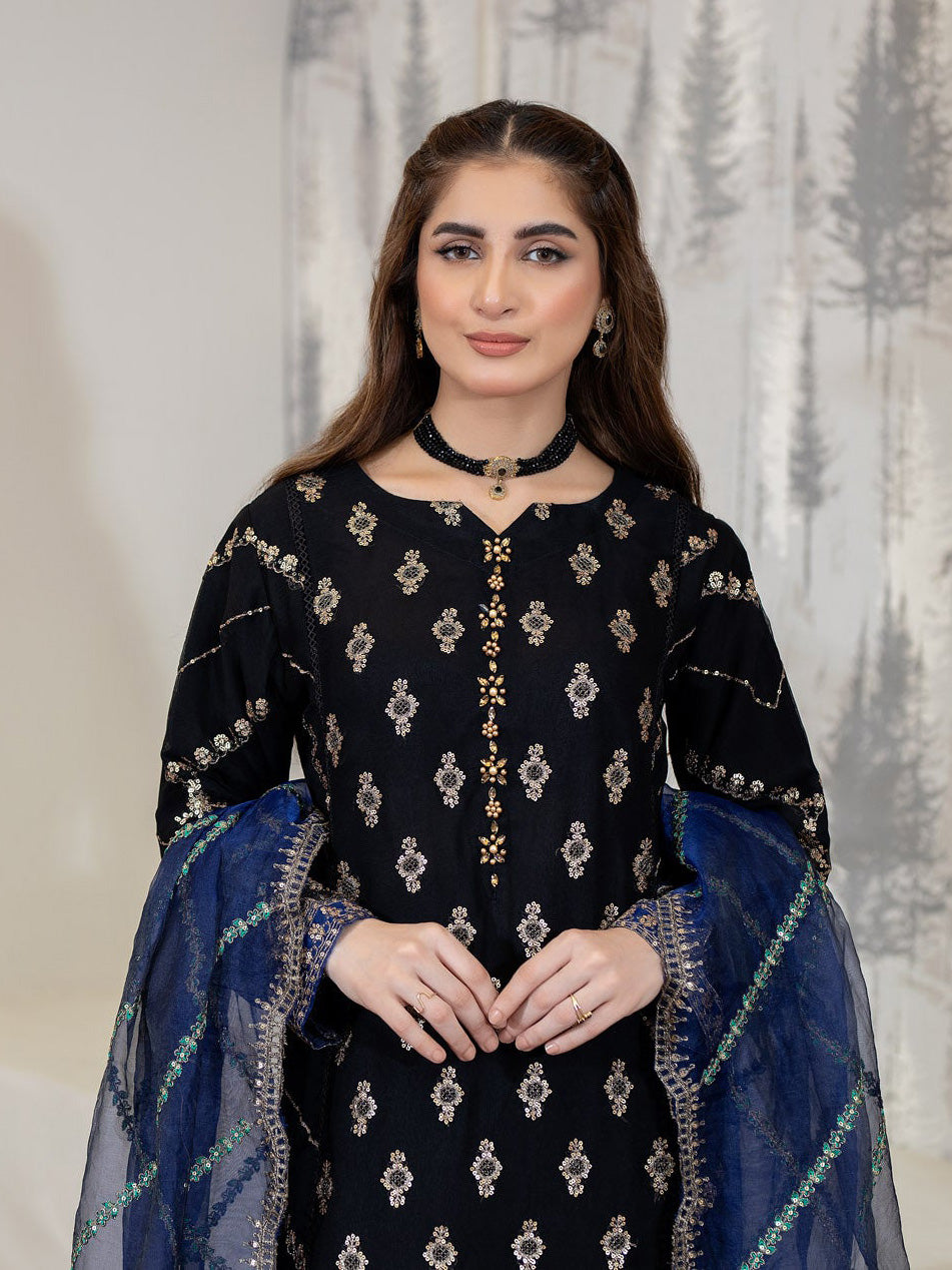 Black Luxury Embroidered Chiffon 3-Piece Suit