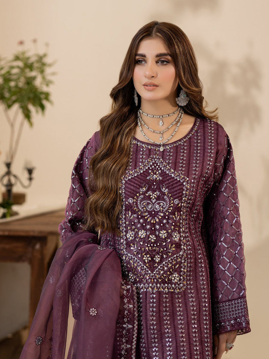 Plum Embroidered Organza 3-Piece Suit