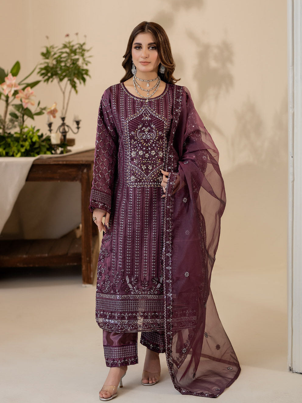 Plum Embroidered Organza 3-Piece Suit