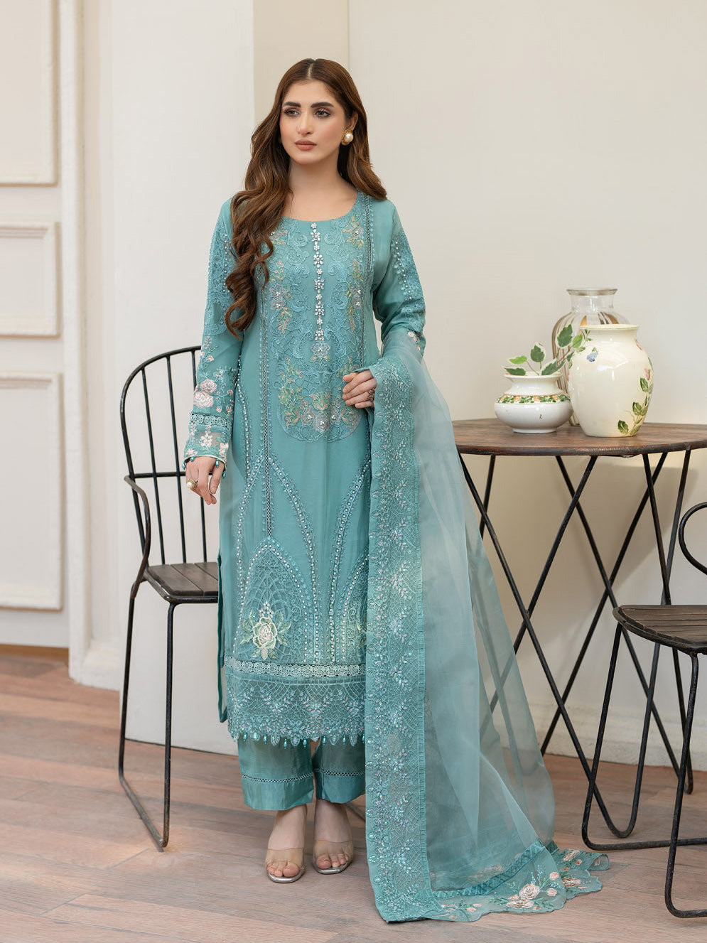 Aqua Blue Luxury Embroidered Chiffon Suit