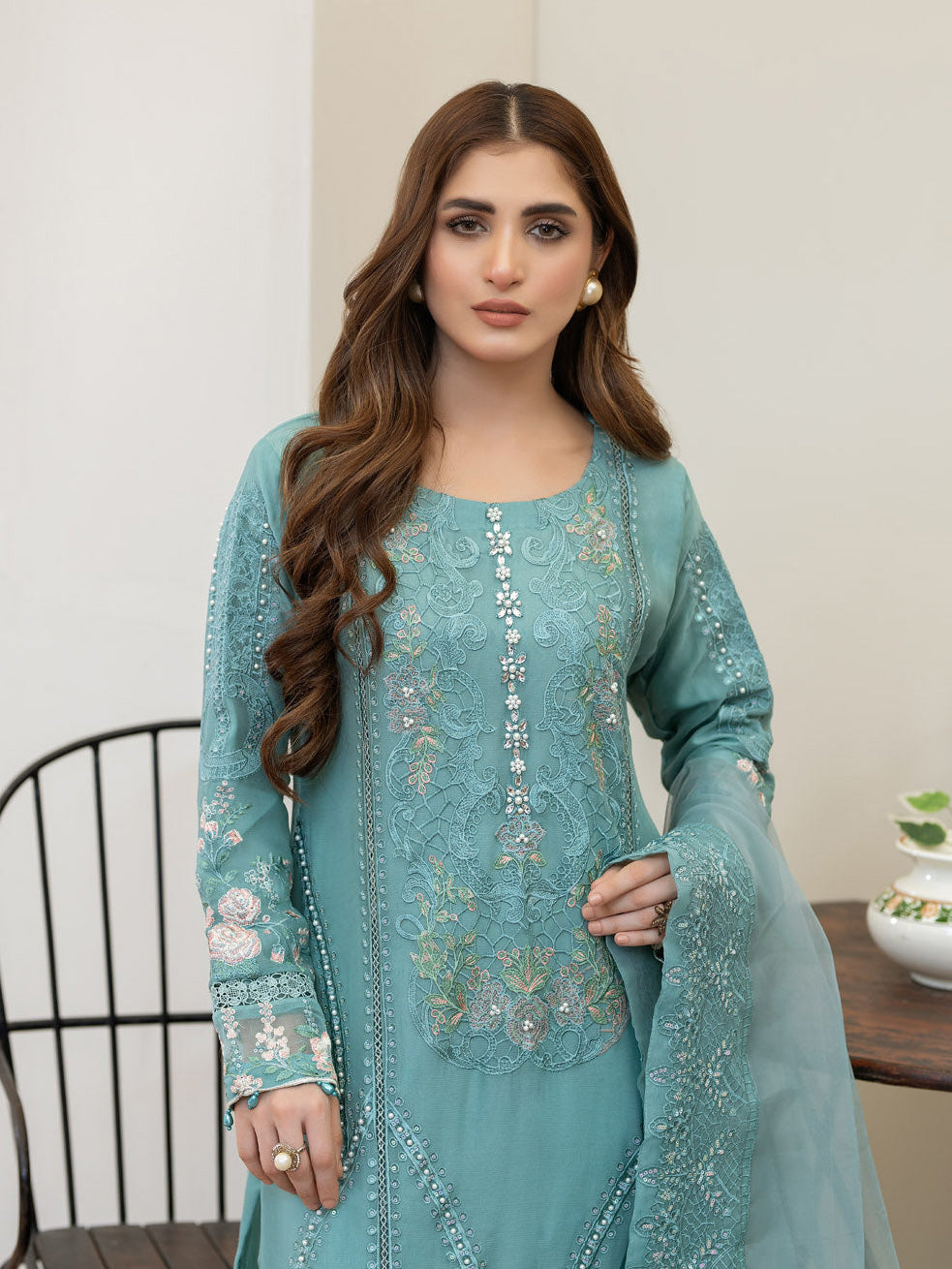 Aqua Blue Luxury Embroidered Chiffon Suit