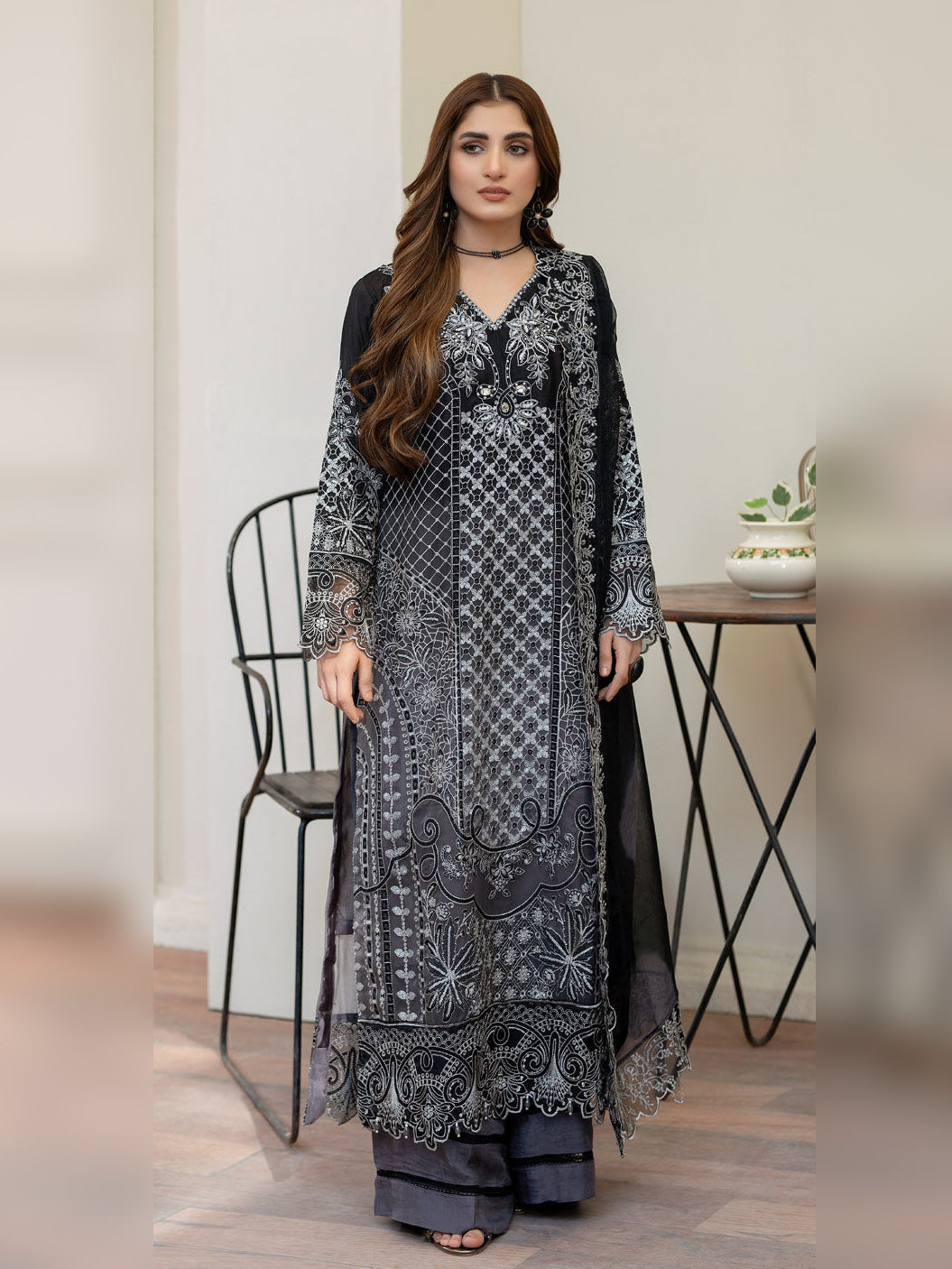 Charcoal Grey Embroidered Chiffon 3-Piece Suit
