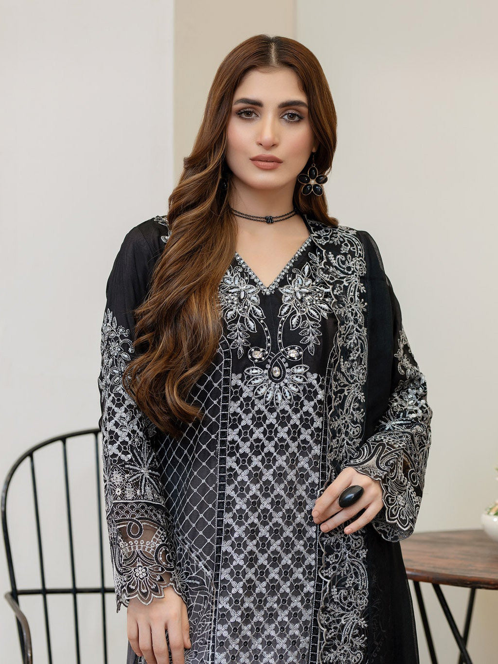 Charcoal Grey Embroidered Chiffon 3-Piece Suit