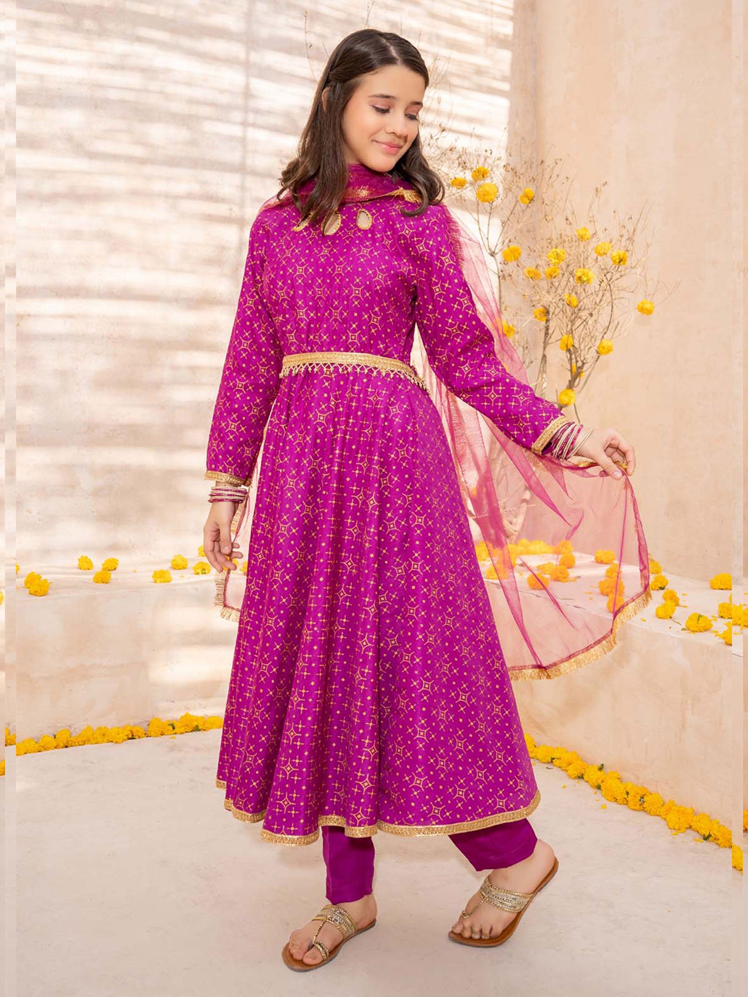 Kids Raw Silk Frock Style 3-Piece Suit - Magenta