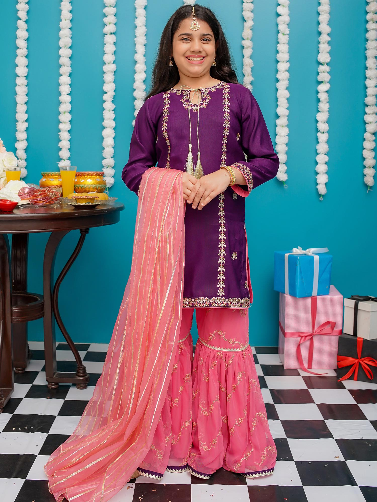 Kids Purple & Light Pink Rawsilk 3-Piece Sharara Suit