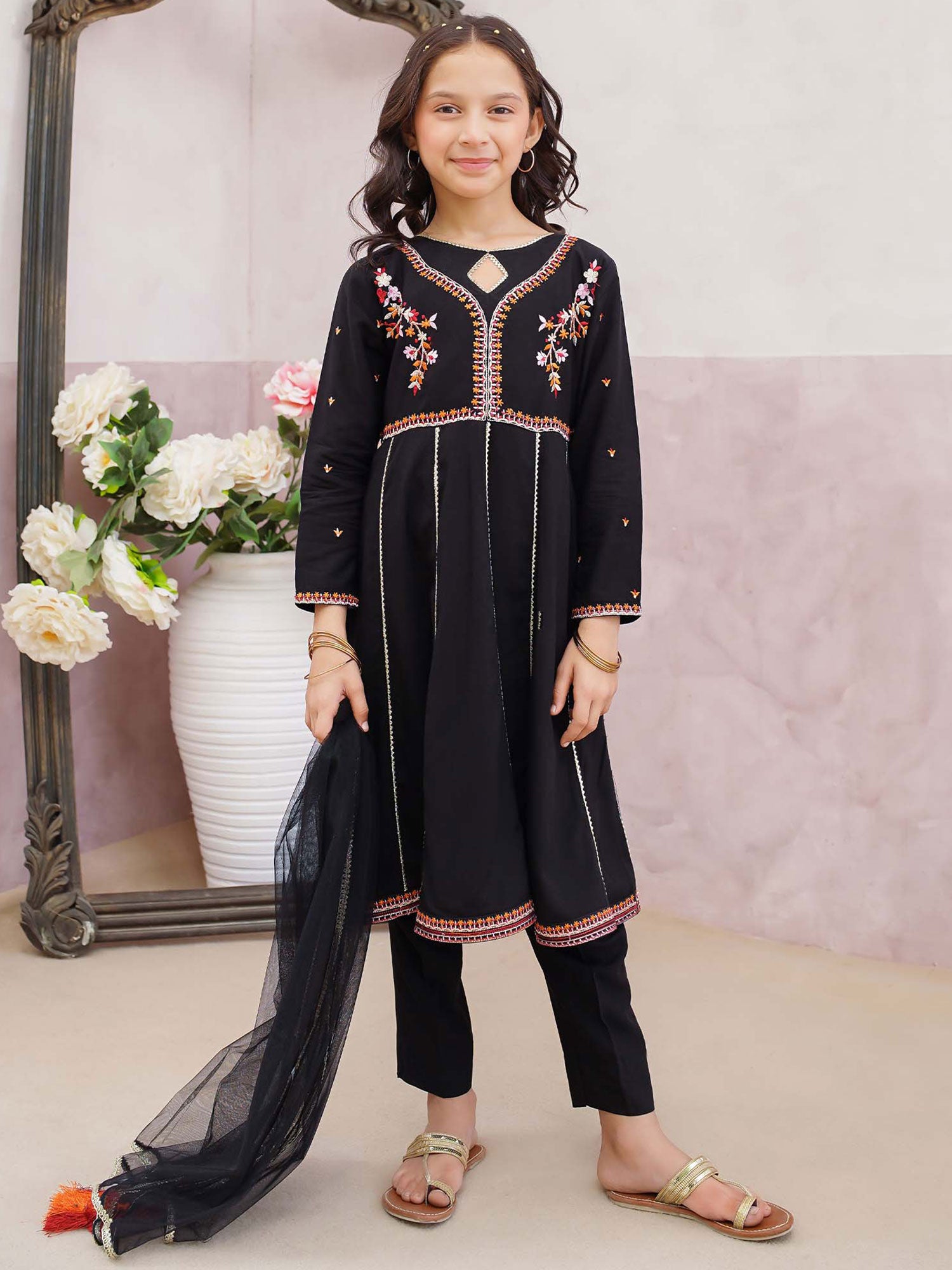 Kids Embroidered Cotton 3-Piece Frock Suit - Black