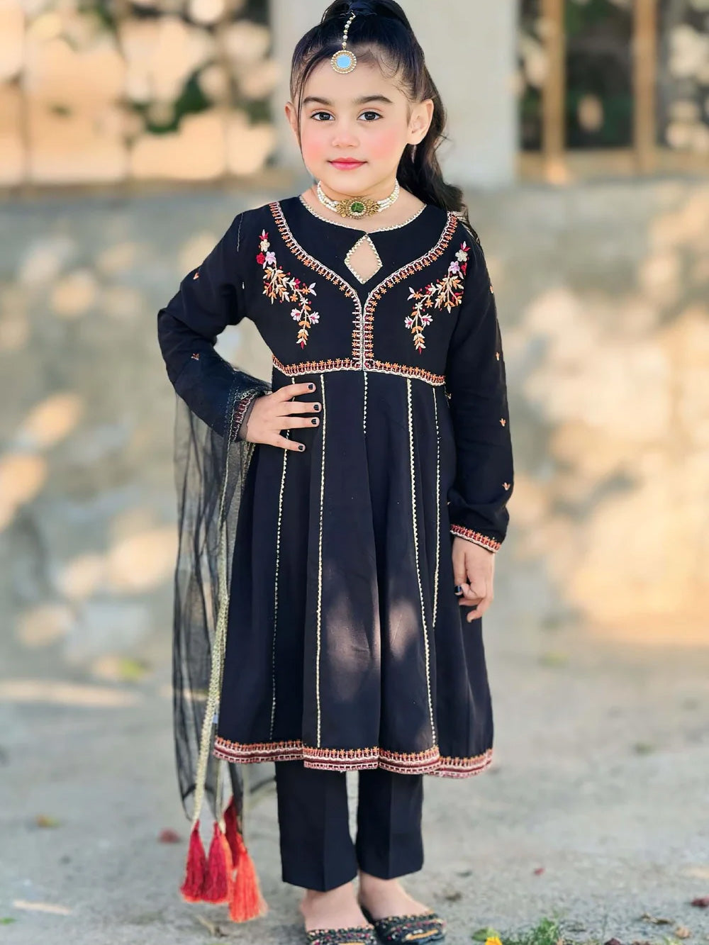 Kids Embroidered Cotton 3-Piece Frock Suit - Black