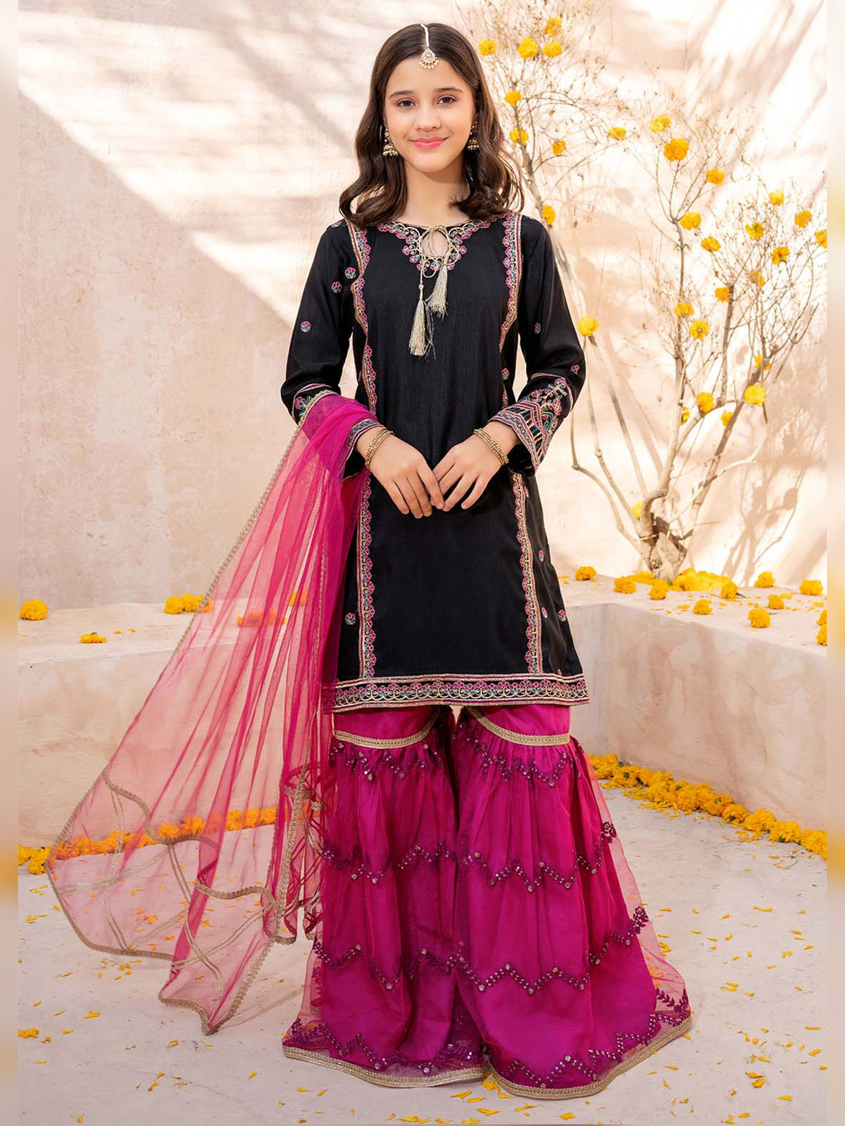 Kids Raw Silk 3-Piece Suit with Gharara - Black