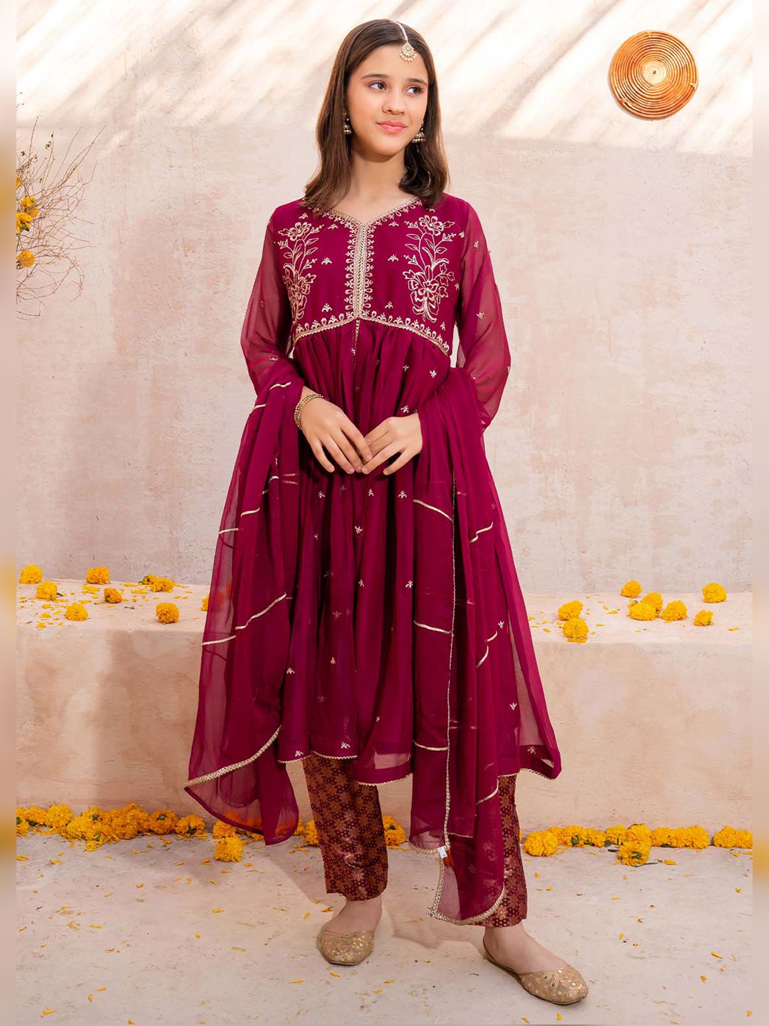 Kids Embroidered Chiffon Frock Style 3-Piece Suit - Maroon