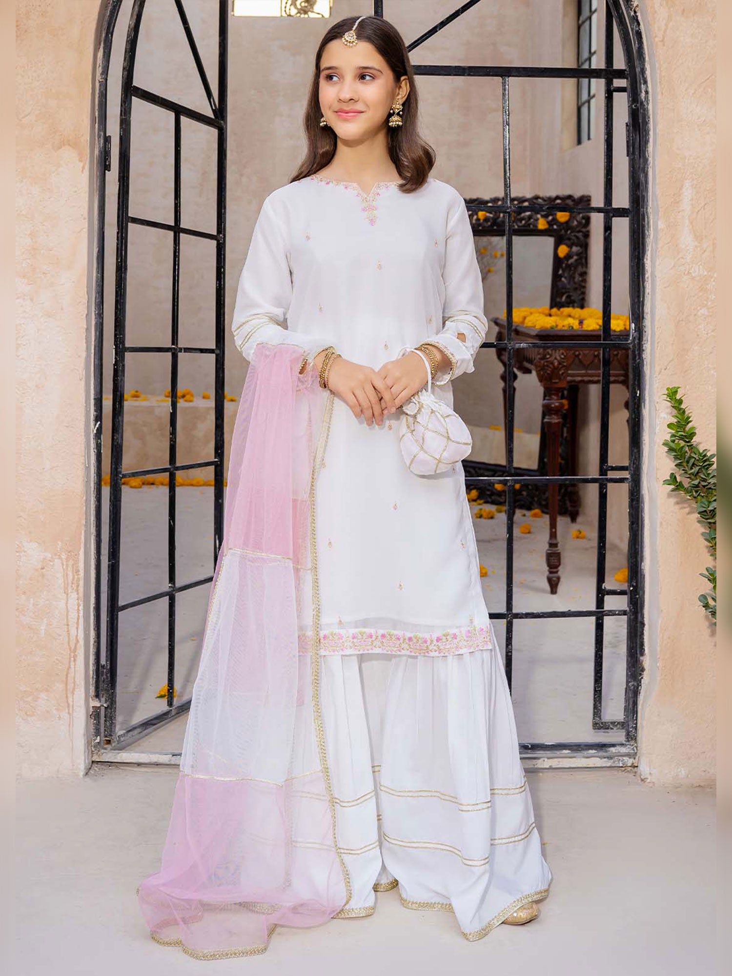 Kids Embroidered Chiffon Gharara 3-Piece Suit - White