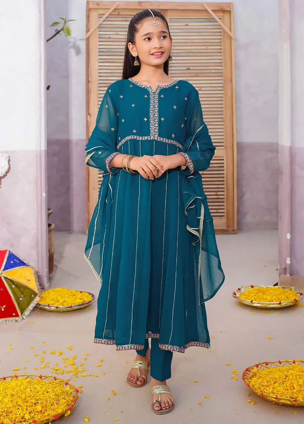 Kids Embroidered Chiffon Frock Style 3-Piece Suit - Teal