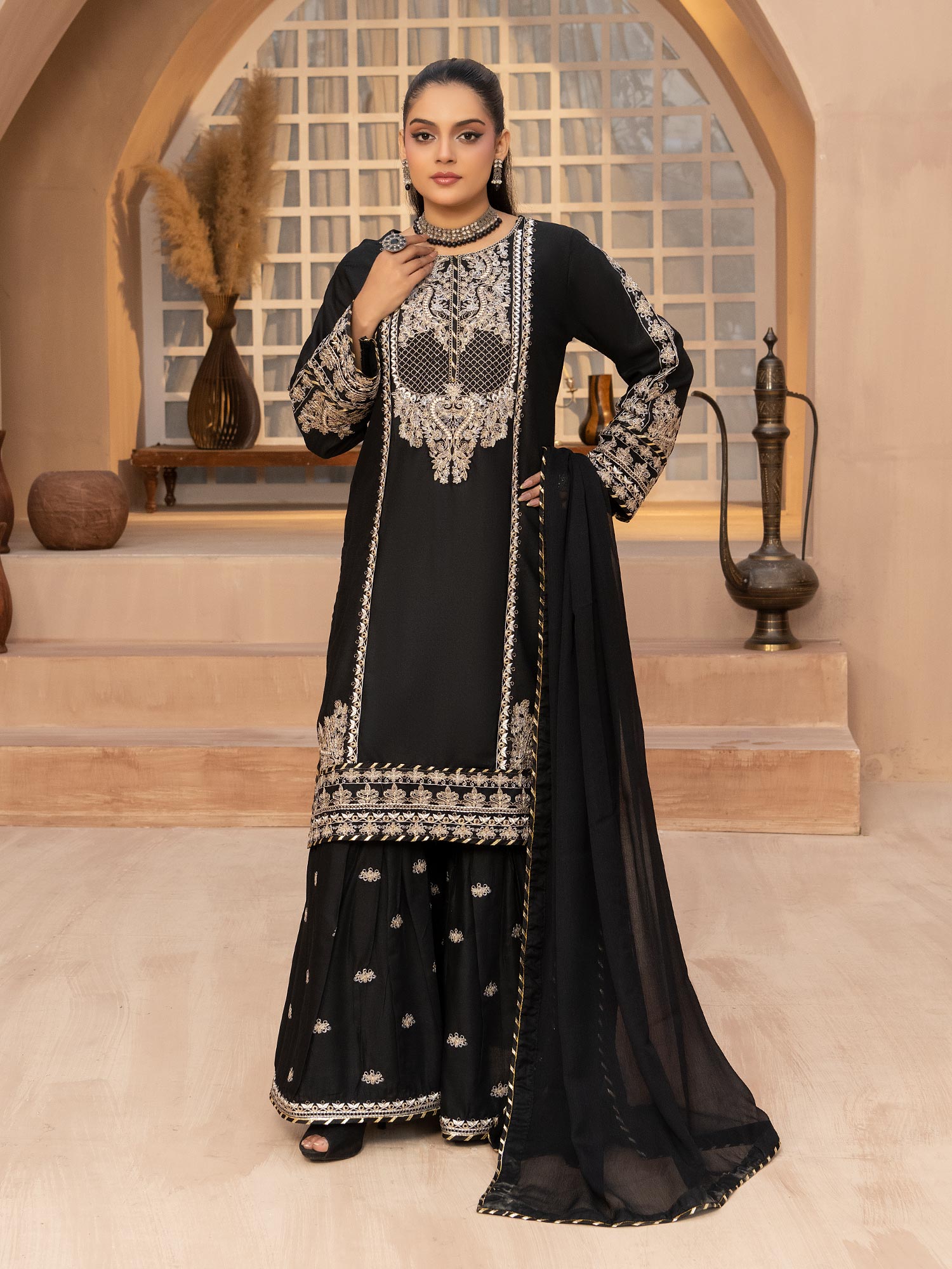 Black Embroidered Linen Suit with Gharara