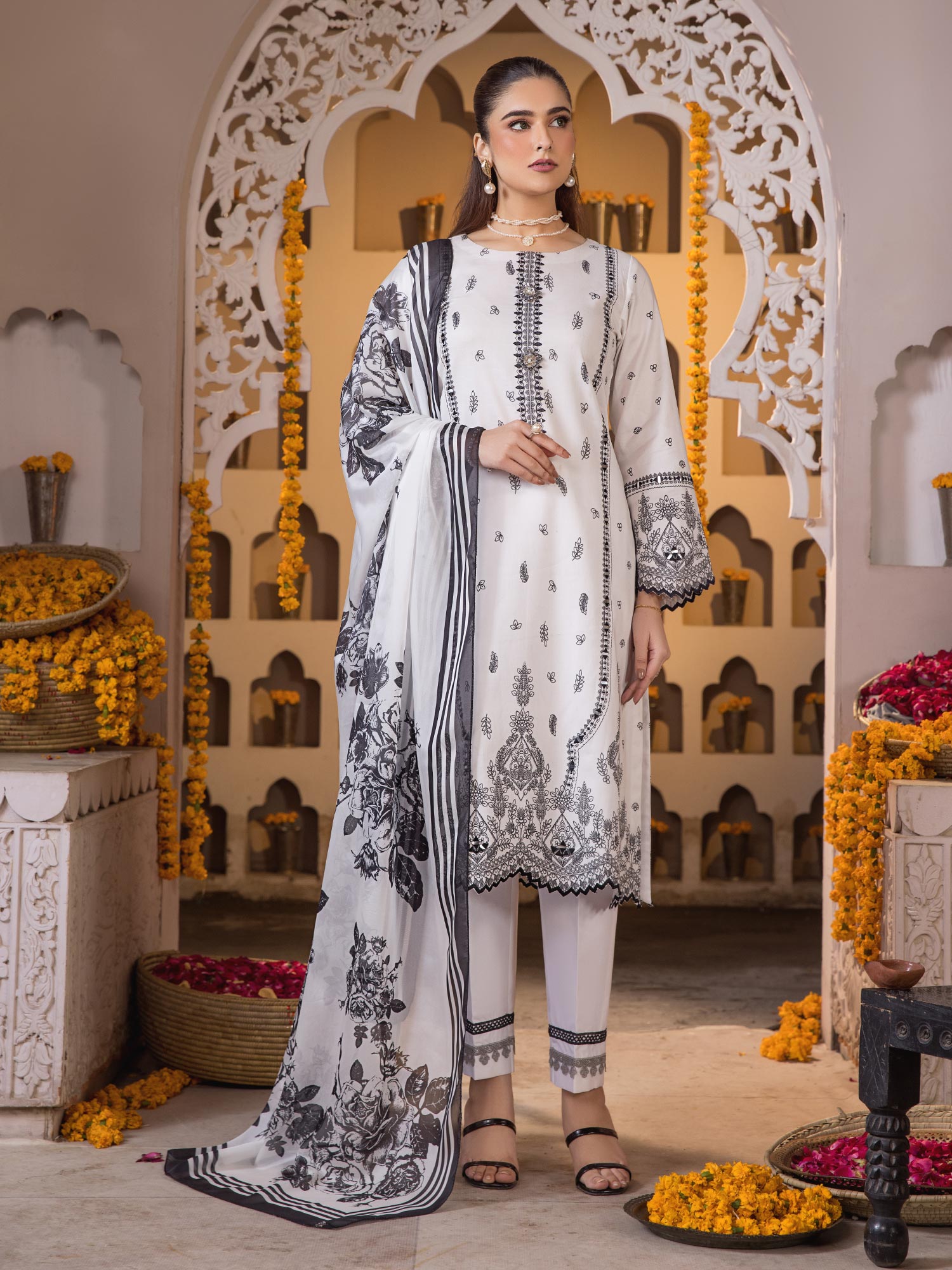 Heera's White Embroidered Airjet Cotton 3-Piece Suit