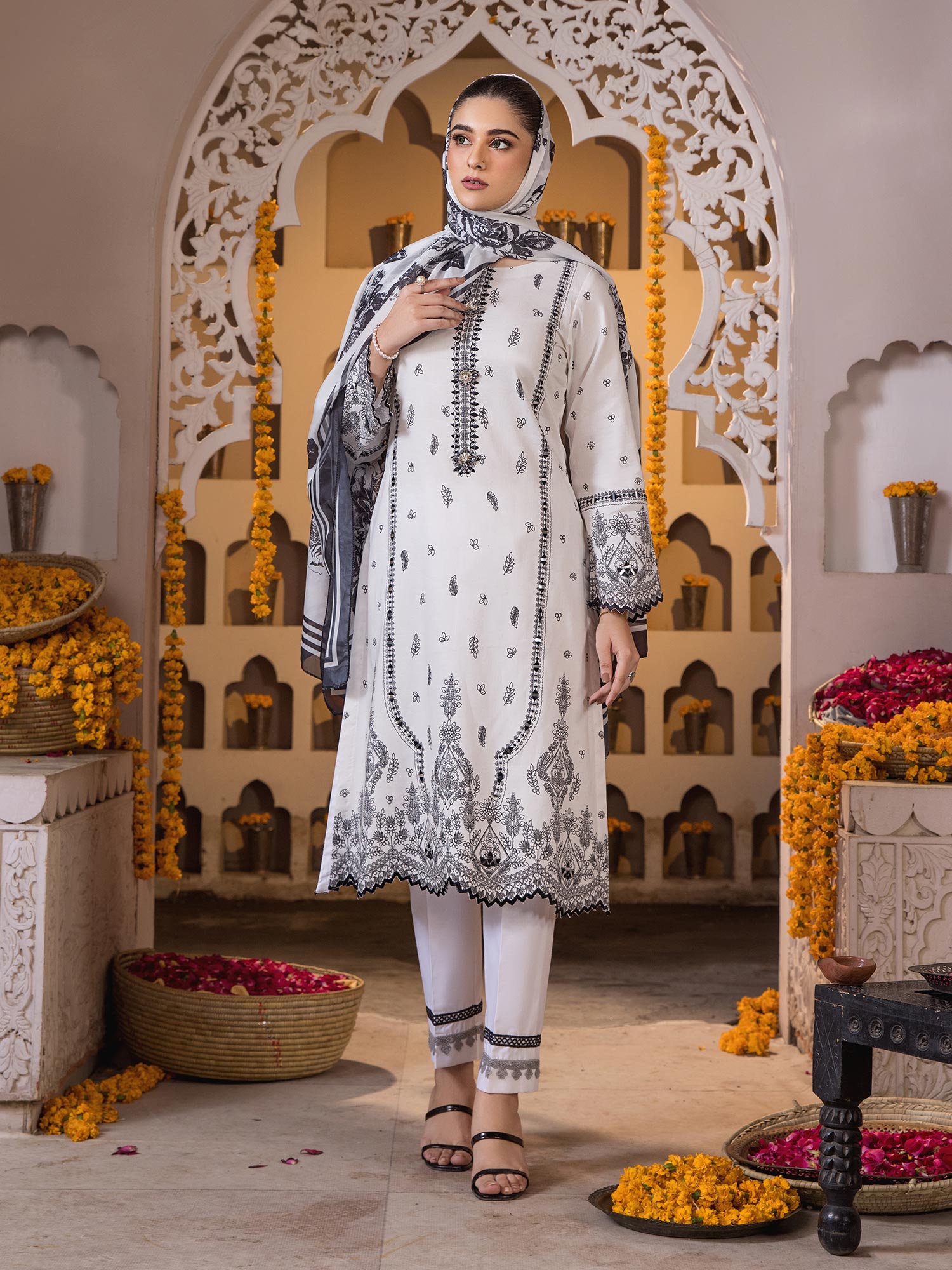 Heera's White Embroidered Airjet Cotton 3-Piece Suit