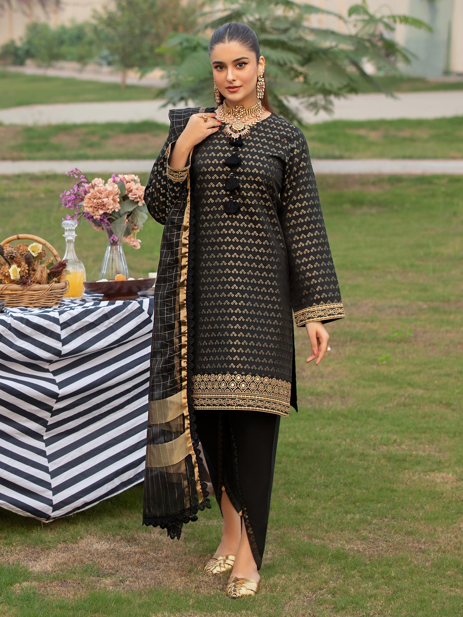 Heera's Black Embroidered Cambric Cotton 3-Piece Suit