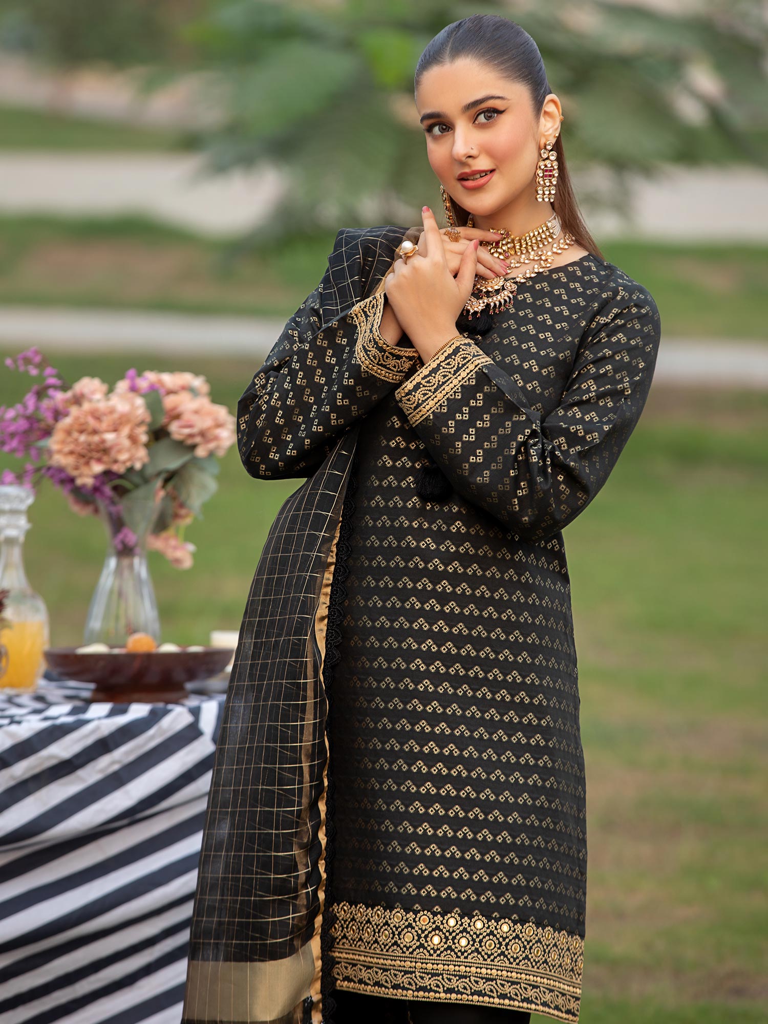 Heera's Black Embroidered Cambric Cotton 3-Piece Suit
