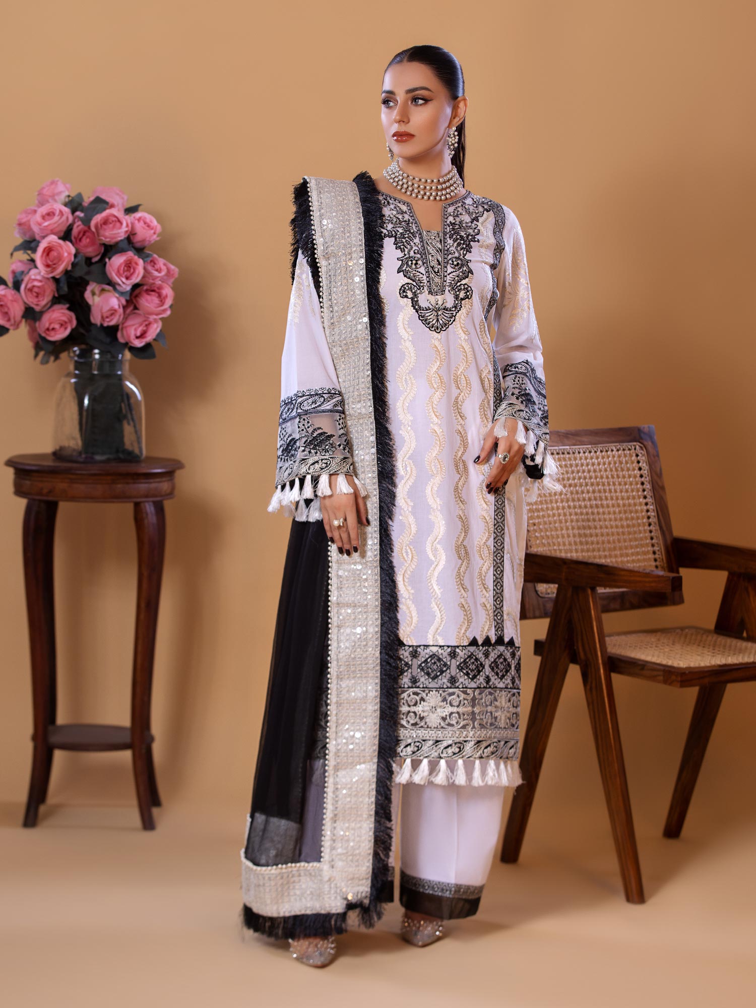 Heera's White Embroidered Cambric Cotton 3-Piece Suit