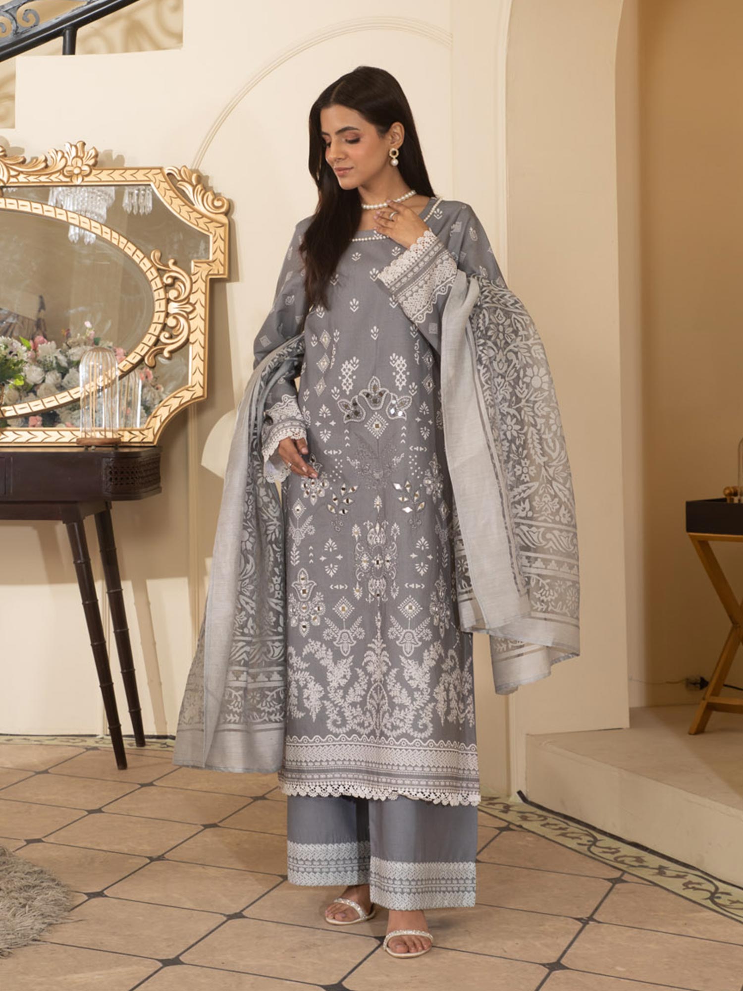 Heera's Grey Embroidered Airjet Cotton 3-Piece Suit