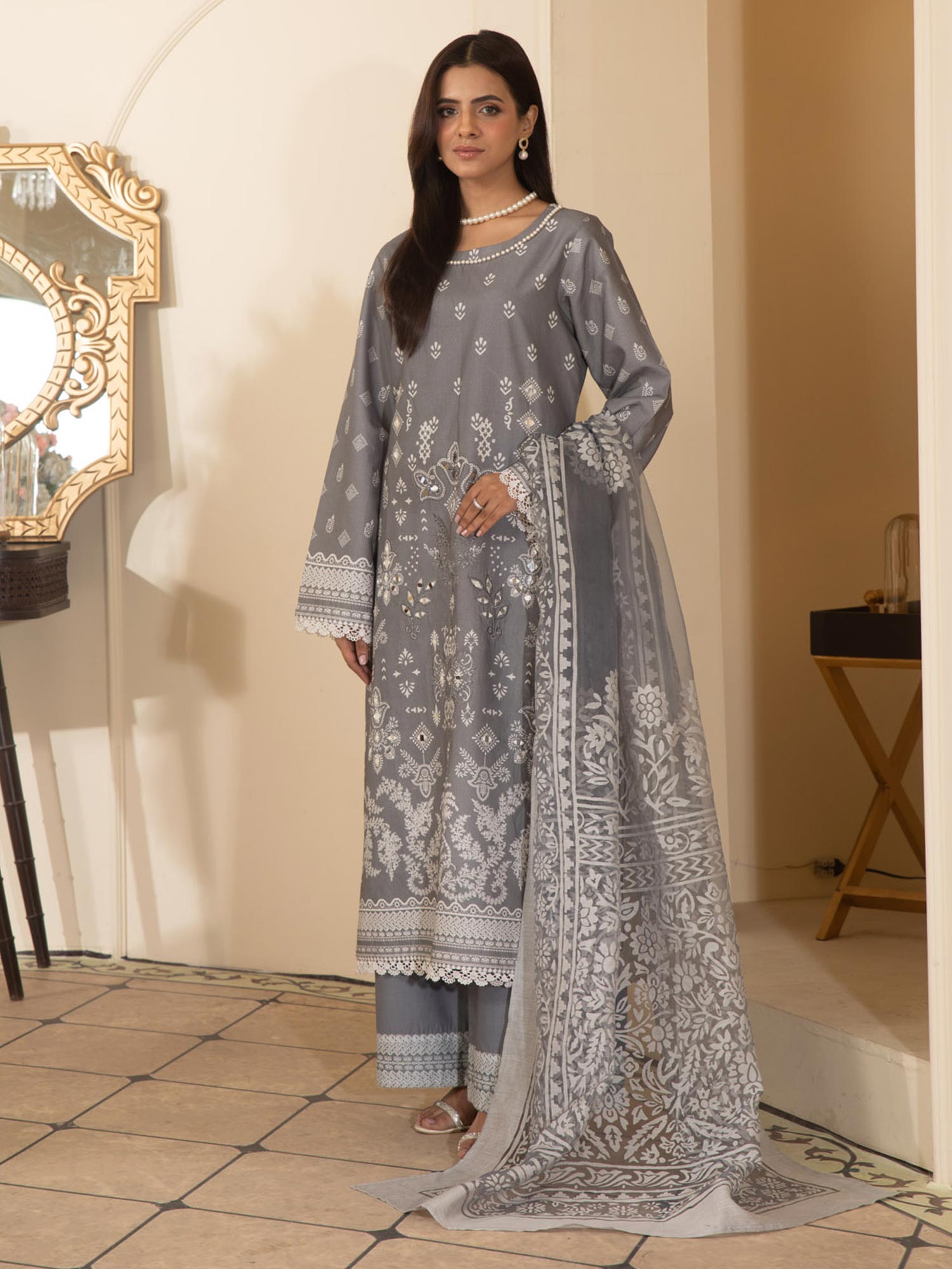 Heera's Grey Embroidered Airjet Cotton 3-Piece Suit