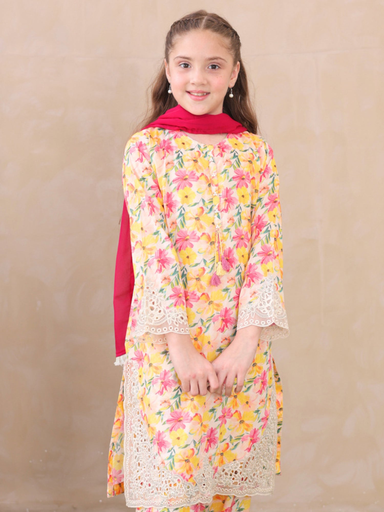 Kids Yellow Embroidered Lawn 3-Piece Co-ords Set