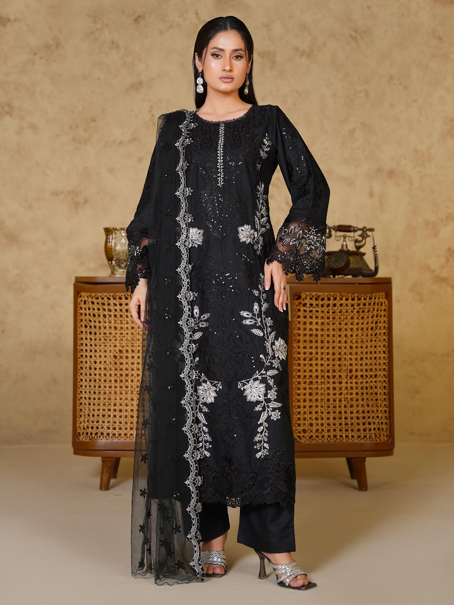 Black Fully Embroidered Linen Suit