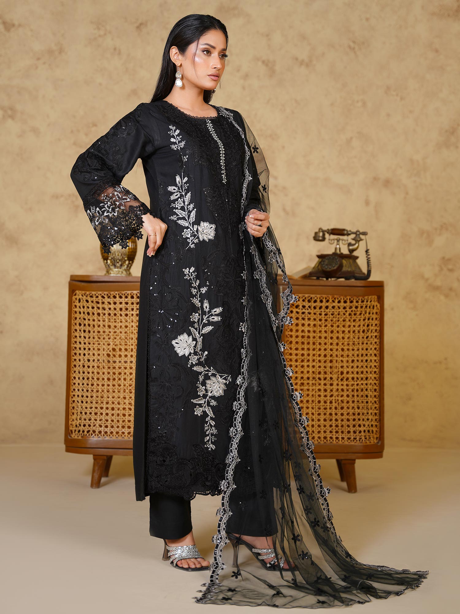 Black Fully Embroidered Linen Suit